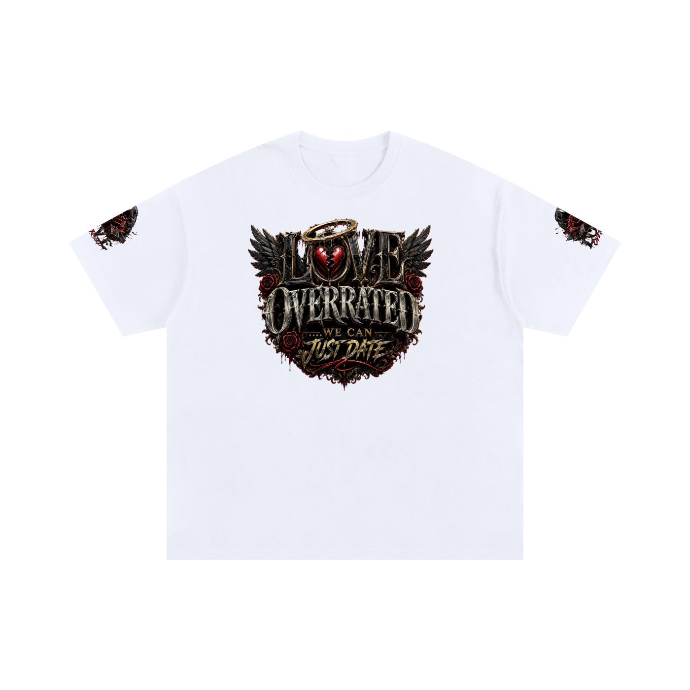 Love Overrated Graphic Tee, Gothic Crow Rose Shirt, Broken Heart Streetwear, Dark Romantic Oversized T-Shirt, Unisex Oversized Cotton Gift Tee - Image 3