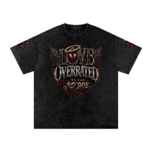 Love Overrated Graphic Tee – Gothic Crow, Rose & Broken Heart Streetwear | Snow Washed Oversized Cotton T-Shirt