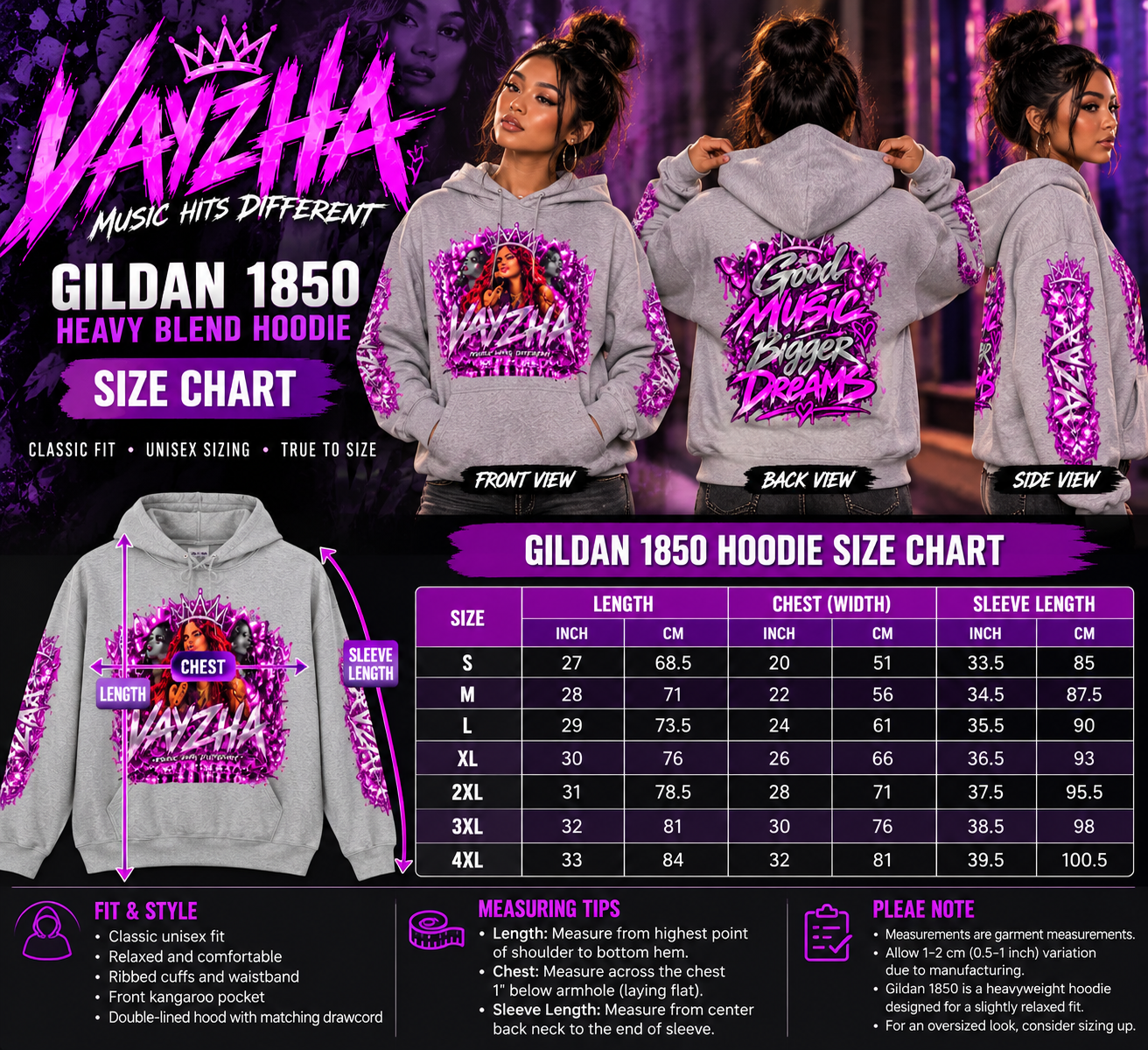 VAYZHA™ Good Music Bigger Dreams Oversized Hoodie – 350 GSM Heavyweight Fleece - Image 7