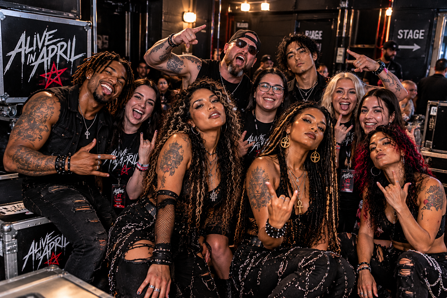 Band backstage with fans